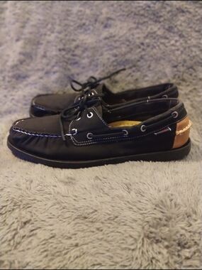 Sebago Black Boat Shoes with Tan Heel Patch